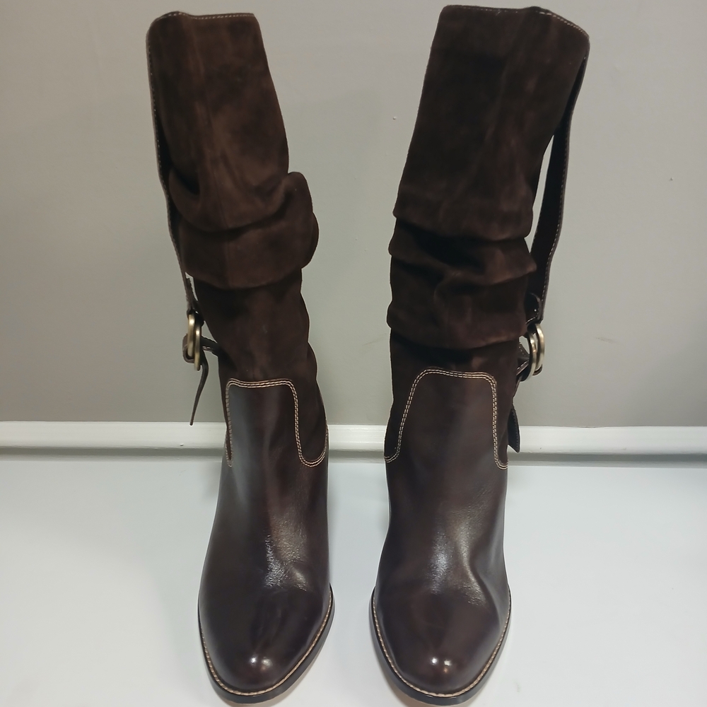 Chocolate Brown Suede & Leather Stacked Heel Mid Calf Boots 10M - Picture 3 of 12